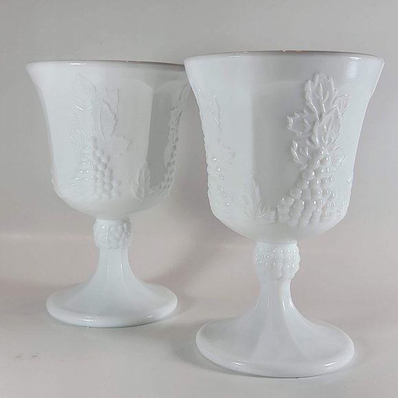 Vintage Harvest Milk Glass Goblet By Colony Grapes And Leaves Pattern Set of 6 - Picture 1 of 5